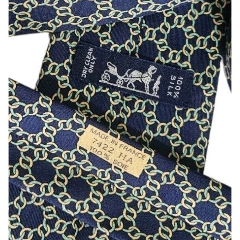 HERMÈS Men's 100% Silk Necktie LUXURY Tie 7422 HA Blue Chain W:3.6" EUC - Picture 2 of 4